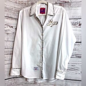 Romi‎ Basha shirt womens one Size white leopard trim Button up Cotton casual top